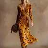 Vestido Transfronteiriço Novo Estilo com Decote em V e Mangas Longas com Elementos de Impressão Digital 3D, Saia Fashion e Personalizada para Marcar a Cintura Feminina