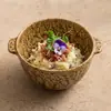 Louça de cerâmica de fabricação industrial com esmalte de padrão rochoso, tigela pequena de duas alças, tigela para cozinhar no vapor, tigela de arroz para uso doméstico, tigela para macarrão, tigela para sopa, tigela para salada de frutas