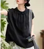 Camisa Negra Original de Lino Estilo Japonés para Mujer 2025 Nueva Verano Delgada Holgada Elegante Manga Corta Verano