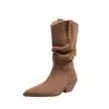 Botas de tacón grueso de ante con punta fina, tacones apilados, botas western hasta la pantorrilla, botas de vaquero, botas de montar, botas por encima de la rodilla para personas menudas