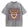 [Transfronteiriço 230g] Camiseta Feminina Retro Lavagem Ácida Estampa de Leopardo Estampa de Desenho Animado Gola Redonda Algodão Manga Curta Moda