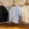 Blusa Corta Jacquard de Algodón para Mujer Verano 2026, Dulce y Linda, Cuello en V, Manga Corta, Volantes 483881