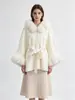 Outono/Inverno 2026 Novo Casaco Cape de Lã Dupla Face Tricotado com Capuz, Patchwork, Cinto e Pele Sintética, Xale Suéter Elegante para Mulheres