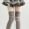 Meias estilo Ballet Primavera e Verão com Laço Vazado e Padrão de Diamantes para Botas, Meias JK Anti-Puxões Femininas, Meias Longas de Cano Alto Enrugadas