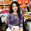 Comercio exterior transfronterizo ropa de maternidad, camiseta de manga larga estampada morada para mujeres de mediana edad y mayores, jersey de cuello redondo, top adelgazante y elegante