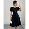 Código Estándar Transfronterizo Modelo Nuevo Aliexpress Vestido Casual Simple Negro de Mangas Abullonadas Corte A para Mujer