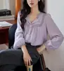 Camisa Morrirose de Encaje Morado con Volantes y Mangas de Farol, Mezcla de Tencel y Lino para Mujer, Top de Otoño Estilo Francés para el Trabajo