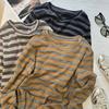 Playera de Manga Larga de Cuello Redondo y Cuello Alto con Rayas de Color en Contraste Vintage para Mujer, Otoño, Nueva, Holgada, Adelgazante, Combinable con Todo, Casual, Tejida