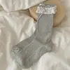 Meias com Laço de Renda para Mulheres, Meias de Renda com Babados no Meio da Panturrilha, Brancas e Cinzas, Estilo Primavera e Outono, Estilo Ballet de Agulha Dupla, para Combinar com Sapatos Pequenos de Couro