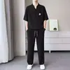 Conjunto de duas peças casual masculino de verão fino estilo chinês transfronteiriço, simples, casual, gola V, abotoado, manga curta