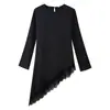 Moda Feminina Transfronteiriça Estilo Europeu e Americano Vestido Longo com Mangas Longas Renda Irregular Patchwork Cetim Slim-Fit Valorizador Design de Nicho