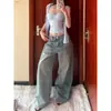 Jeans Retrô Americano de Nicho com Strass para Mulheres, Outono High Street Garota Spicy Cintura Alta Soltos Retos Perna Larga Calças