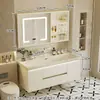 Gabinete de baño con lavabo integrado de piedra chapado en oro de lujo ligero estilo italiano, juego de tocador para baño