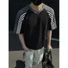 Camiseta de verano para hombre estilo universitario americano, manga corta, bloques de color con tres rayas, a rayas, cuello redondo, camisa casual deportiva de media manga para pareja