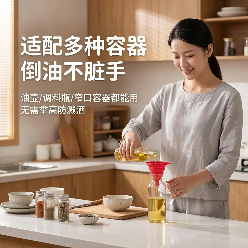 伸缩折叠漏斗 食品级硅胶 可压缩油壶导流器 窄口瓶加液防漏家