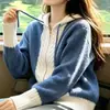 Cárdigan de punto largo con capucha y cremallera, diseño de bloques de color, autoajustable, para mujer, nuevo estilo otoño/invierno, prenda exterior de alta gama, suave y cómoda