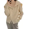 Nuevo Abrigo Suéter de Solapa Grande con Doble Cremallera para Otoño e Invierno, Cardigan de Punto Casual de Color Sólido con Cuello Azul Marino para Mujer