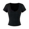Top Camiseta de Estilo Dibujo Animado con Escote en V Profundo, Nuevo Estilo Básico Versátil de Color Caramelo para Verano, Yoga Fitness, Hombros Normales Mangas Cortas