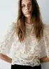 Top de venda cruzada europeu e americano, com acabamento em renda off-white, manga bufante feminina, comprimento médio, blusa de renda floral vintage