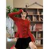Novo suéter vermelho com laço na cintura 2024 feminino inverno slim fit malha retrô elegante top all-match