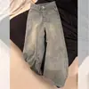 Jeans Reto com Design Lavado Estilo Americano para Mulheres, Novo Modelo de Inverno, Forrado com Fleece, Cintura Alta, Versátil, Emagrecedor, Perna Larga, Calça Comprida até o Chão