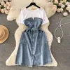 Vestido Elegante e Jovem de Duas Peças para Mulheres, Estilo Francês com Toque de Luxo, Gola Redonda, Mangas Curtas, Vestido Longo Jeans com Costura na Cintura para o Início do Verão