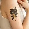 Pegatina de tatuaje estilo oscuro con relieve dorado con calavera, rosa negra, gotas doradas, para hombros, parte superior de los brazos y espalda, pegatina de tatuaje temporal impermeable