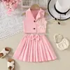 Amazon Explosions 2025 Verão Novo Vestido Top com Flor Tridimensional para Meninas com Saia de 100 Dobras Roupa Infantil Conjunto de Duas Peças