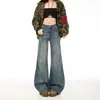 Jeans Boca de Sino Largo de Moda com Estampa Floral Elástica Resistente Estilo Americano, Não Apertado, Solto, Flare para Mulheres na Primavera