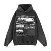 Sudadera con capucha de manga larga lavable con estampado de vehículo Streetwear Inglés Vintage Oversize Unisex Casual Venta al por mayor