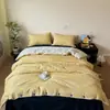 Conjunto de cuatro piezas de jacquard lavado estilo minimalista con botones, sábana bajera y funda nórdica de algodón lavado, juego de tres piezas de sábana bajera ajustada para dormitorio de estudiante 4