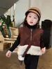 Invierno 2025 Nuevo Estilo Ropa Infantil Coreana Niñas Bolso de Cintura con Parches y Cinturón de Piel Forrado de Felpa Chaqueta Chaleco Cálido Infantil