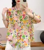 Estilo Novo de Verão Artístico Retrô Pequeno Floral Ramie Manga Média Design de Camisa, Top Casual Solto Elegante para Mulheres