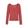 Camiseta Listrada Color Block Tendência de Manga Longa para Mulheres, Novo Top Cropped Americano de Botão Slim Fit para Outono
