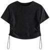 Camiseta de Algodão Lavado com Efeito Desgastado Shorts para Estudante Feminina Verão Solto com Cordão Cor Lisa Efeito Emagrecedor Gola Redonda Top