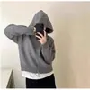 Cardigan com Capuz e Zíper Europeu Feminino 100% Lã Pura Tricô Outono e Inverno Novo Tricô Curto Solto Jaqueta de Tricô