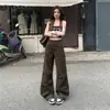 Novas calças de trabalho de algodão puro, jeans casuais de perna larga para mulheres, corte solto com bolsos aplicados, estilo de moda relaxado e único