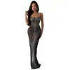 C6613 Transfronteiriço Aliexpress Amazon Moda Europeia e Americana Feminina Cor Sólida Malha Tira de Strass Vestido Longo