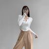 Camiseta de Manga Longa com Estampa de Caranguejo de Cinco Painéis para Mulheres, Camisa Base Lisa de Gola Meio Aberta Slim Fit para Outono, Top Curto Hot Girl Slim Fit