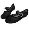 Zapatos de malla para mujer 2026 nuevos de verano con pedrería huecos transpirables estilo francés con faldas boca poco profunda de fondo plano para mujer