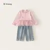 Bangxuan Roupa Infantil Meninas Rosa Patchwork Malha Top Camiseta Cor Sólida Jeans Estiloso Conjunto de Duas Peças Infantil Tendência
