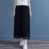 Calça larga bordada plus size 100kg perna larga, de algodão e linho, estilo retrô artístico para o verão, calça cropped casual estilo étnico para mulheres