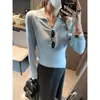 Mochie Rosto Liso Menina Coreana Fibra de Vinagre Tencel Mistura de Lã Gola Polo Casual Manga Longa Camisa Base MQ1953