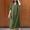Novo Vestido Feminino de Algodão com Manga Média Casual Decote V Cor Lisa Vestido Chemise Moda Festa Praia Comprimento Médio Roupão