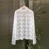 Suéter de encaje con cuello semi-alto Ning Xinyi en tono piel, ajuste ceñido, estilo coreano de malla, blusa de encaje para verano, transfronterizo
