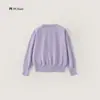 Cárdigan de punto morado para niña, nuevo estilo de otoño, decorado con moños coloridos tridimensionales, abrigo suéter de cuello redondo