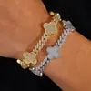 Pulsera de Cadena Cubana de Diamantes de Trébol de Cuatro Hojas con Hebilla de Resorte Hip Hop Transfronteriza Europea y Americana, Pulsera de Zirconia de Alto Nivel Versátil para Hombre