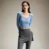 Conjunto de roupa de yoga para mulheres com sensação de pele nua e amigável à pele, top de manga longa com decote quadrado, conjunto de duas peças de cintura alta que cobre o quadril para Pilates para mulheres