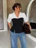 Estilo Europeo y Americano 2025 Nueva Blusa de Costuras a Rayas para Mujer Comercio Transfronterizo Verano Delgada Amazon Blusa de Manga Corta