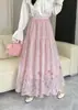 Saia Midi Longa de Cintura Alta Estilo Fada com Bordado Francês Doce Pesado e Estampa, Afina a Cintura, Cruzada, Nova